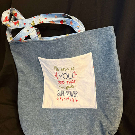 Inspirational Denim Tote Violet Expressions LLC Denim Tote Denim Tote Too Many Books Violet Expressions LLC violetexpressions.com
