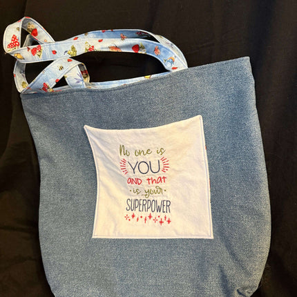 Inspirational Denim Tote Violet Expressions LLC Denim Tote Denim Tote Too Many Books Violet Expressions LLC violetexpressions.com