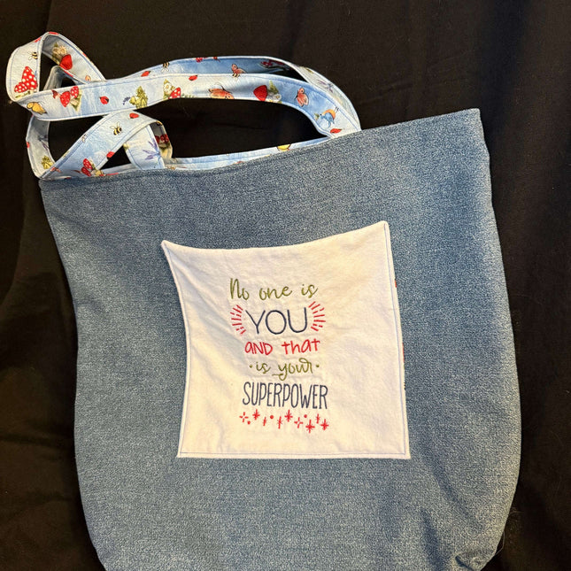 Inspirational Denim Tote Violet Expressions LLC Denim Tote Denim Tote Too Many Books Violet Expressions LLC violetexpressions.com