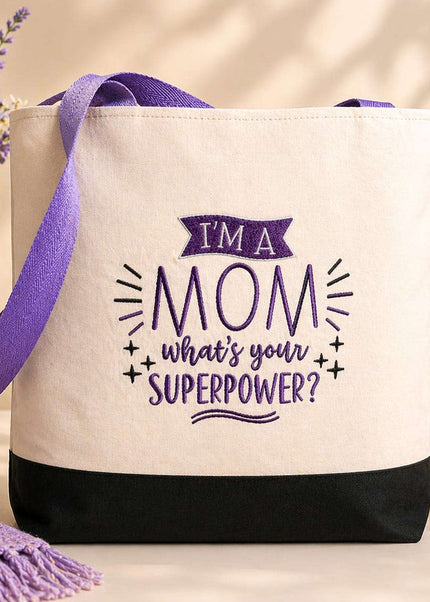 Mother's Day Tote Violet Expressions LLC Embroidered Tote Bag Embroidered Tote Bag Mom Superpower Violet Expressions LLC violetexpressions.com